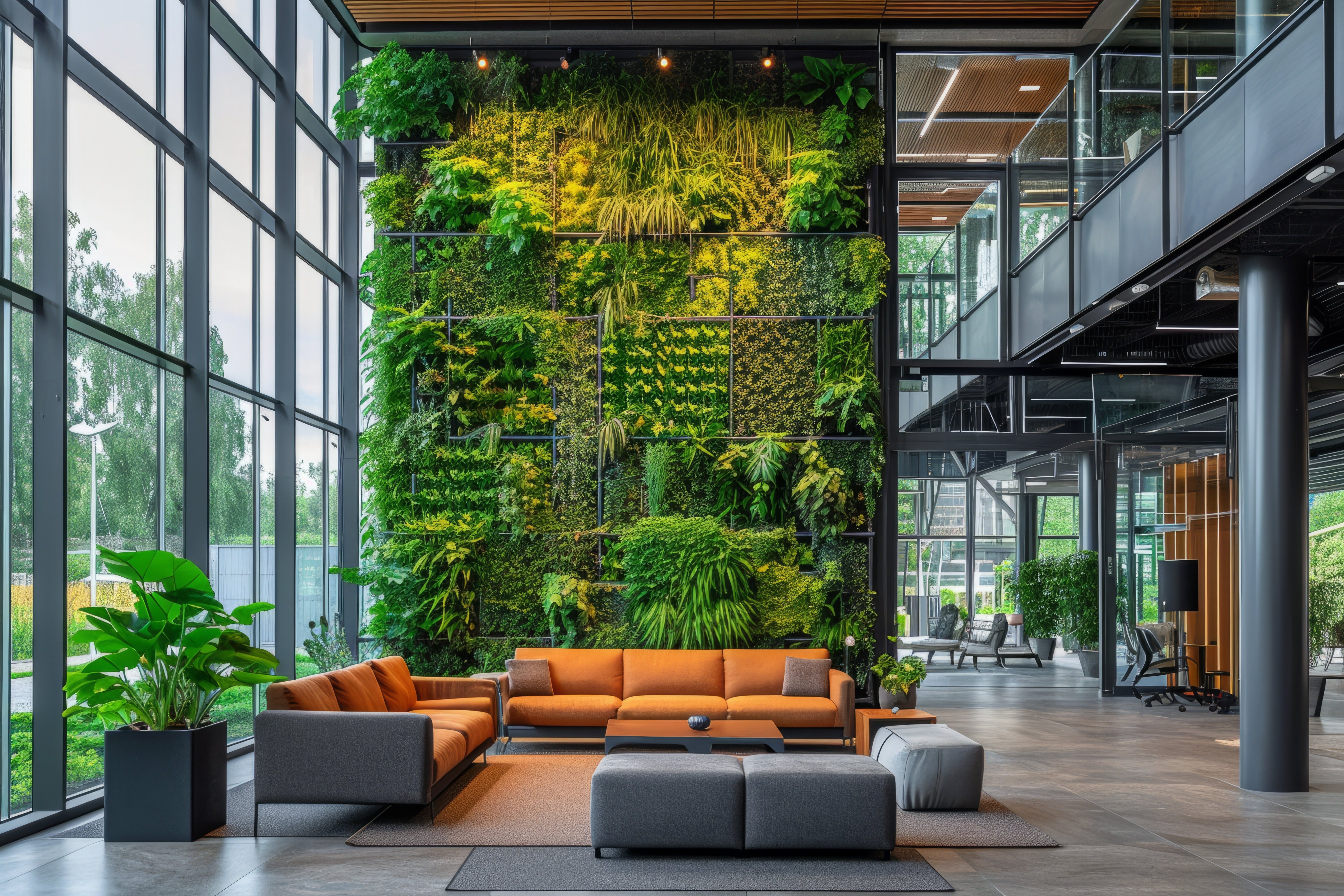 Biophilic trends feature green infrastructure like vertical gardens and living walls