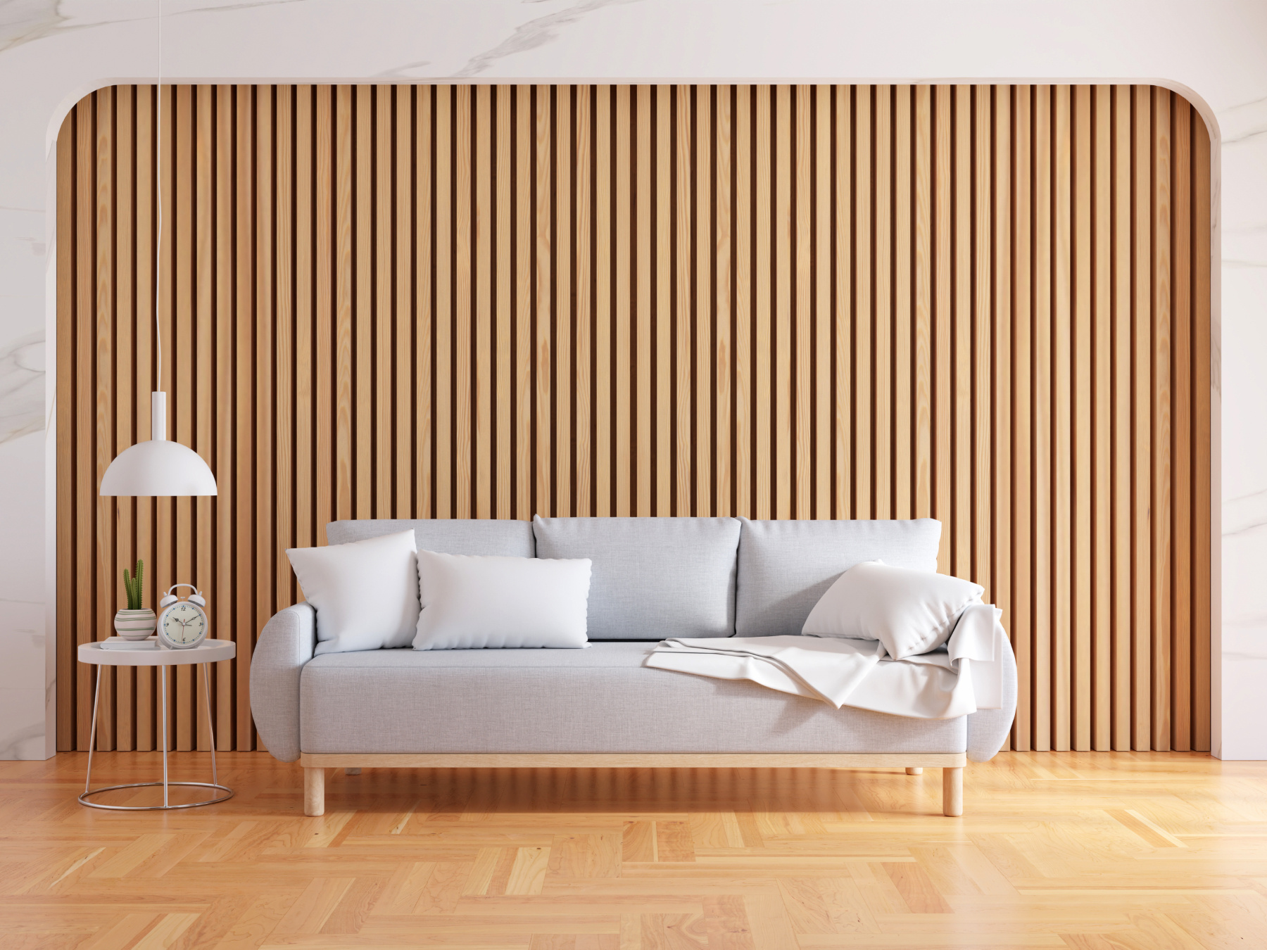 Brown wooden slat feature wall in a lounge