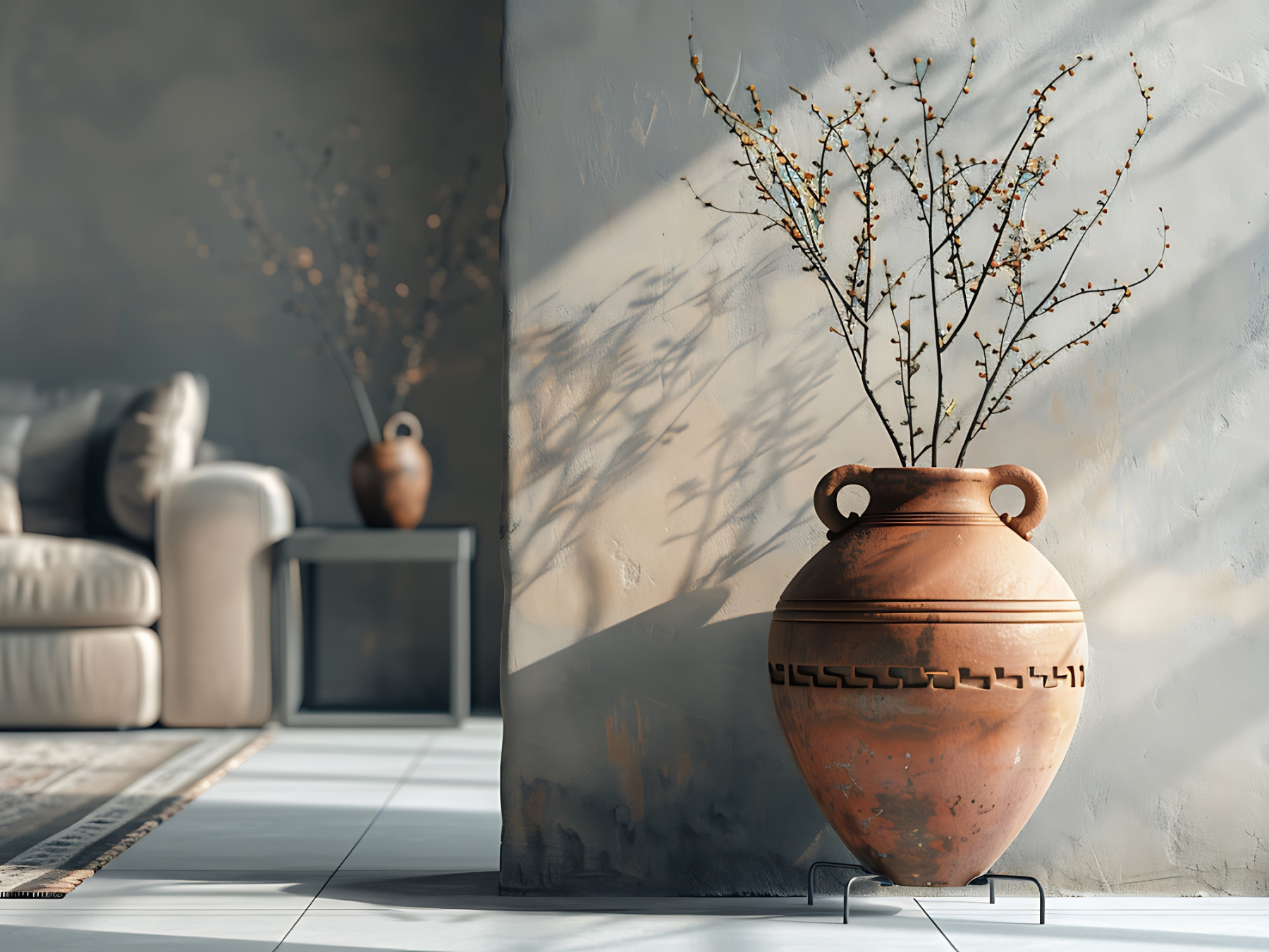 Clay planter on a stand in a room entryway