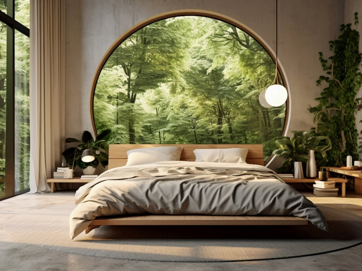 Modern bedroom with plants and views to an outside forest