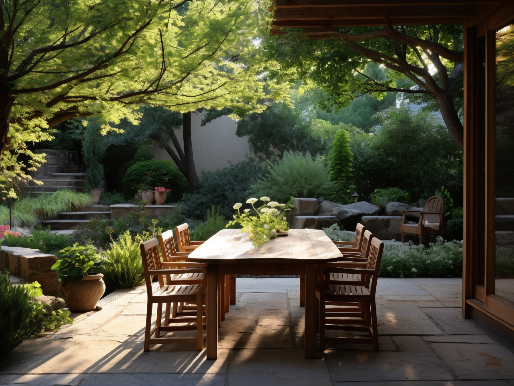 Patio area with wooden furniture and overhanging trees