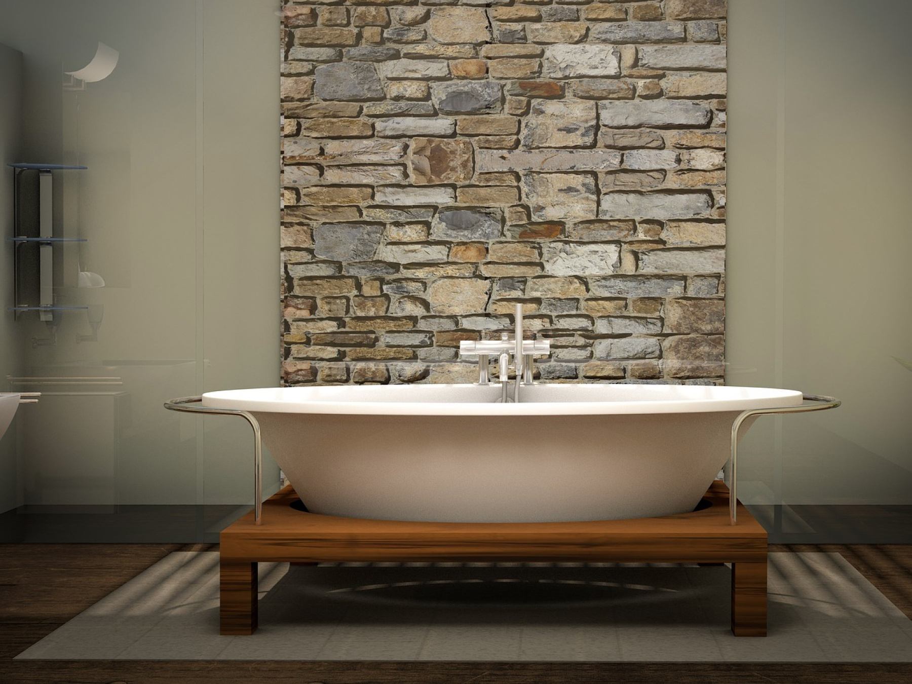 Luxury bathroom with stone wall cladding