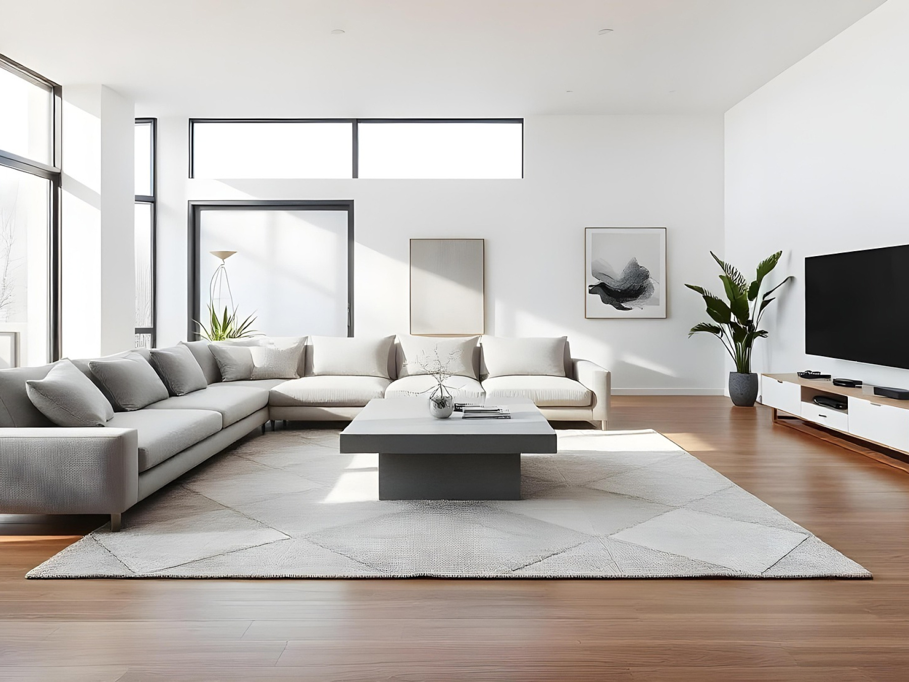 Luxury lounge with white couches and walls and a geometric print carpet