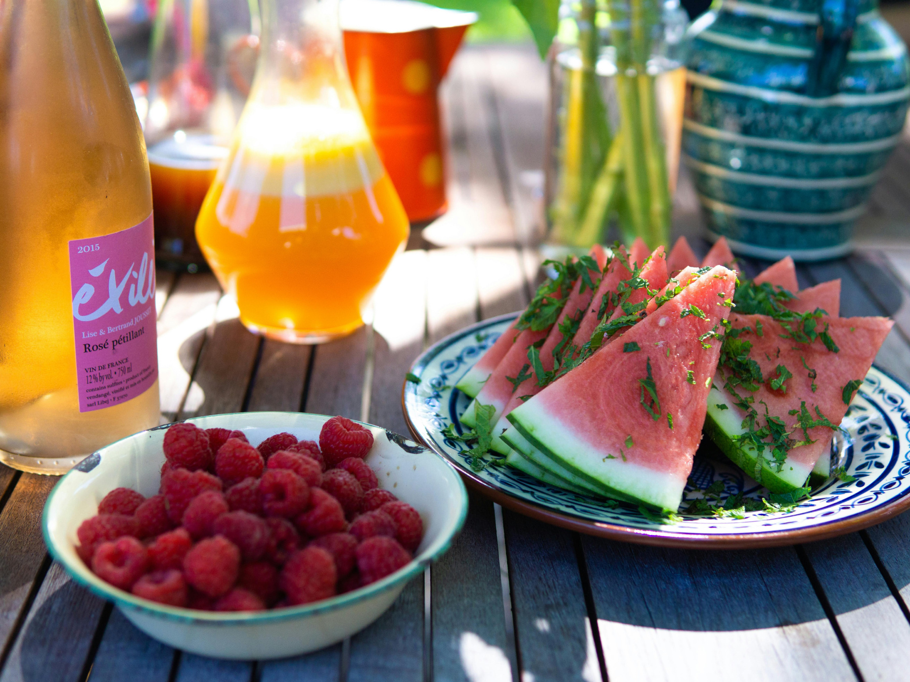 Fruits and juice displayed on a table