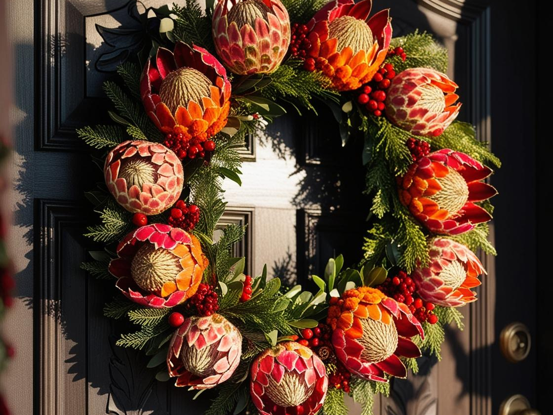 A protea wreath is a great way to introduce a South African touch to your festive decor