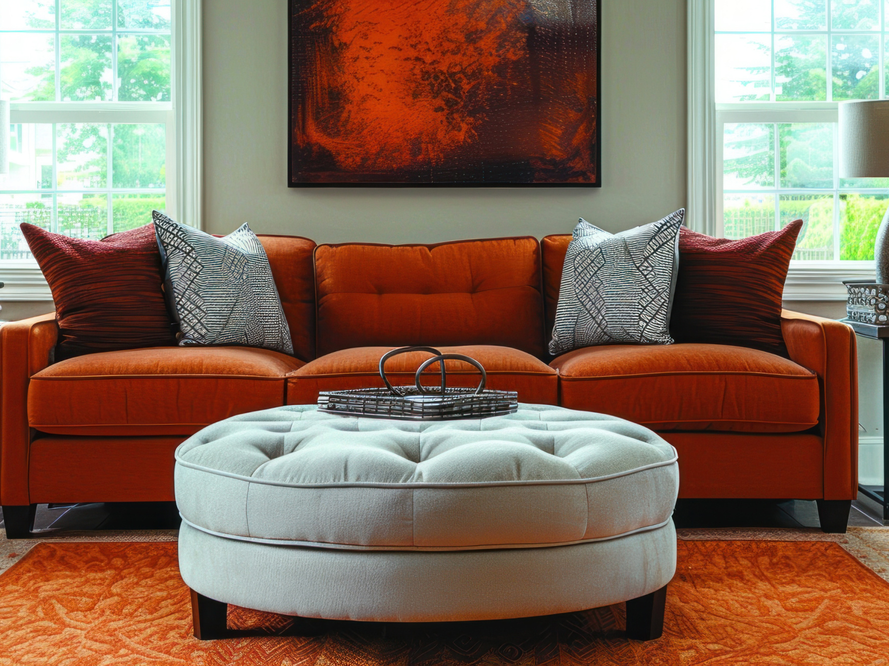 Furnished living room decorated with round-edged furniture