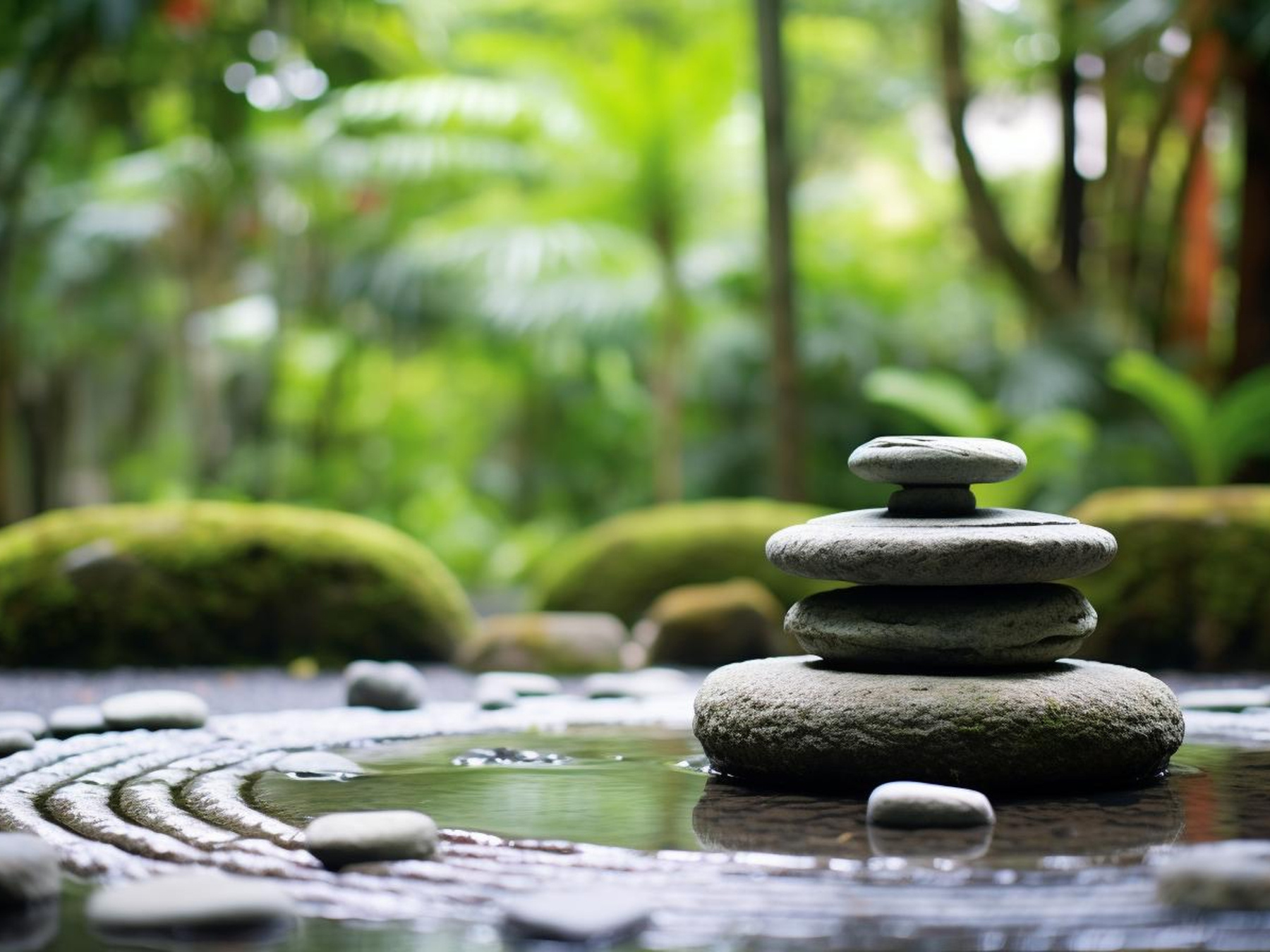 A Zen garden consists of rocks, patterns and a peaceful ambience