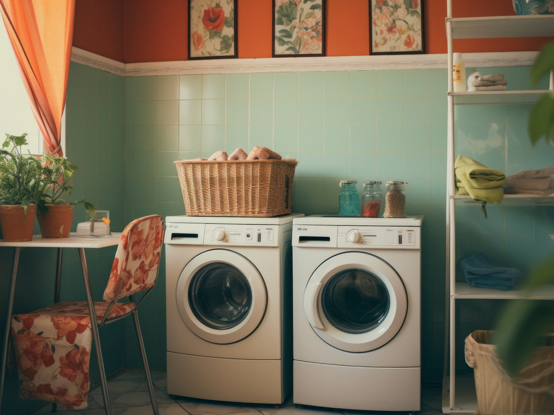 A small table and some shelves will help you keep your compact laundry room tidy and functional.